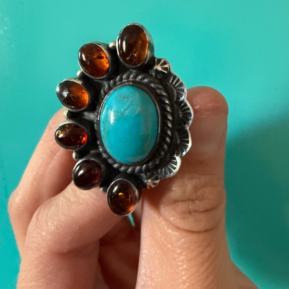Kingman Turquoise and Amber Ring
